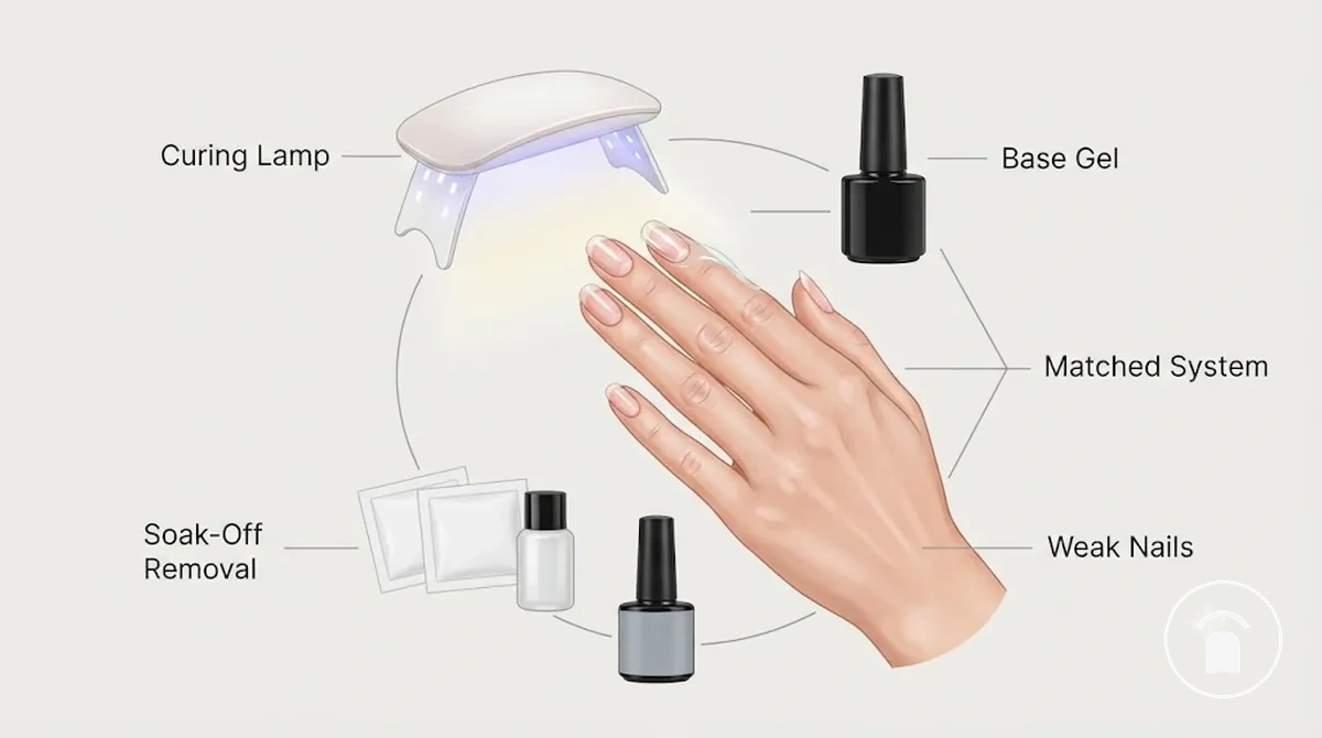 Componentes do kit de unhas em gel incluindo gel de base, lâmpada de cura e produtos de remoção para unhas fracas