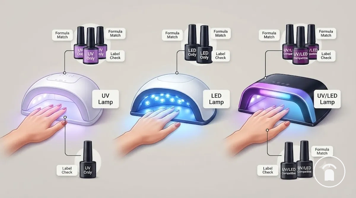 Comparação entre cabine UV, cabine LED e cabine UV LED mostrando verificações de compatibilidade com esmalte em gel