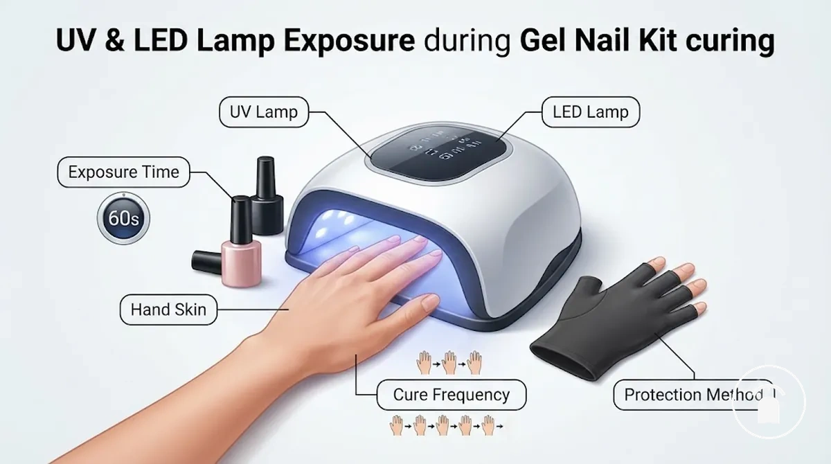 Gráfico comparativo mostrando exposição das mãos sob lâmpada UV ou LED para unhas com dicas de proteção