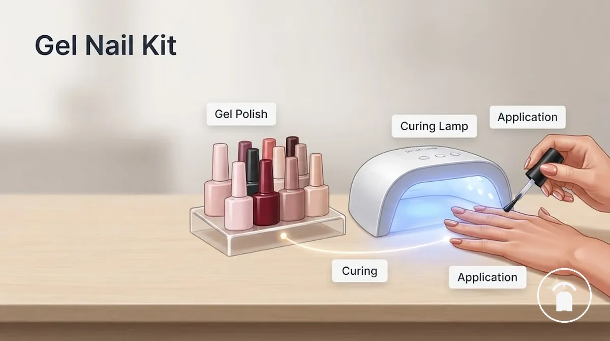 Processo de cura de kit de unhas em gel com esmalte em gel e lâmpada