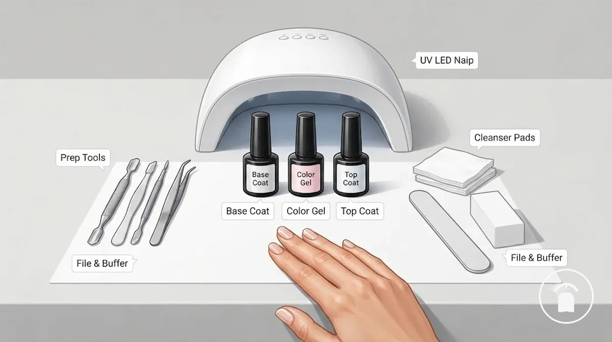 Kit de unhas em gel organizado em uma superfície de trabalho limpa com ferramentas de preparação, lenços de limpeza, frascos de esmalte em gel e uma lâmpada de cura