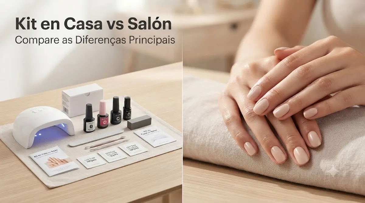 Kit de unhas em gel para casa ao lado de uma manicure em gel finalizada com acabamento de salão