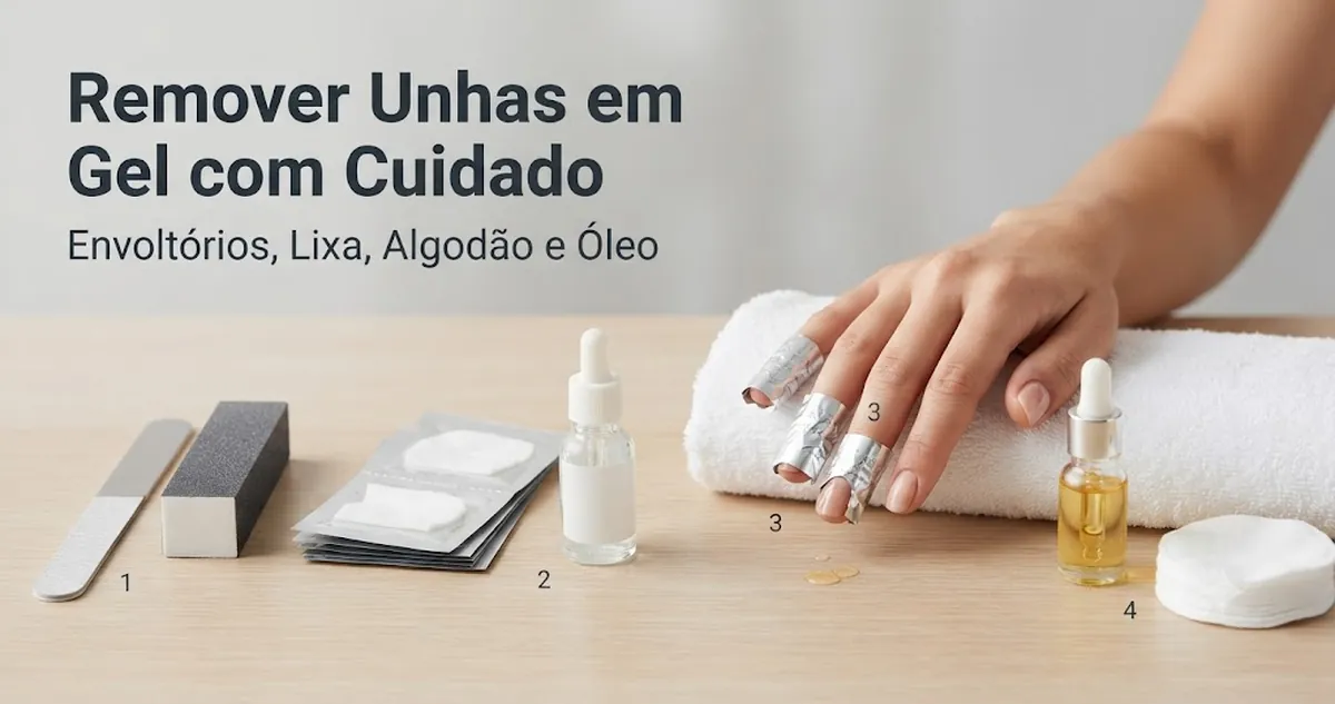 Remoção de unhas em gel com envoltórios removedores, lixa, algodão e óleo de cutícula