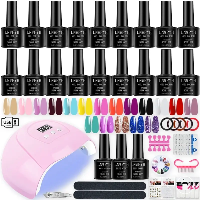 LED lamba, base coat, top coat, oje ve tırnak araçları içeren 18 renk jel tırnak kiti