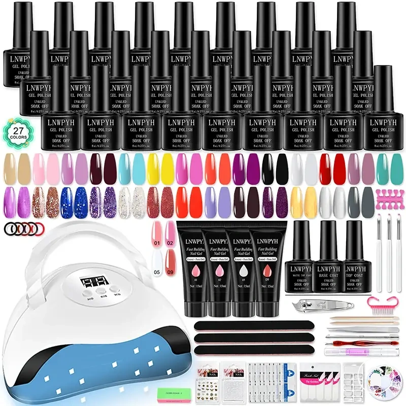 LED lamba, soak-off vernik, base coat ve top coat içeren 27 renk jel tırnak oje kiti