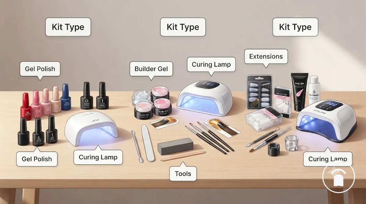 Jel cila, builder jel ve uzatma odaklı kitleri gösteren jel tırnak kiti öğeleri