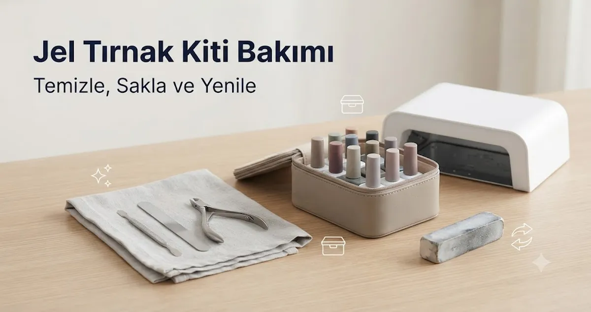 Temiz araçlar, düzenlenmiş oje şişeleri, lamba ve saklama çantasıyla jel tırnak kiti bakımı