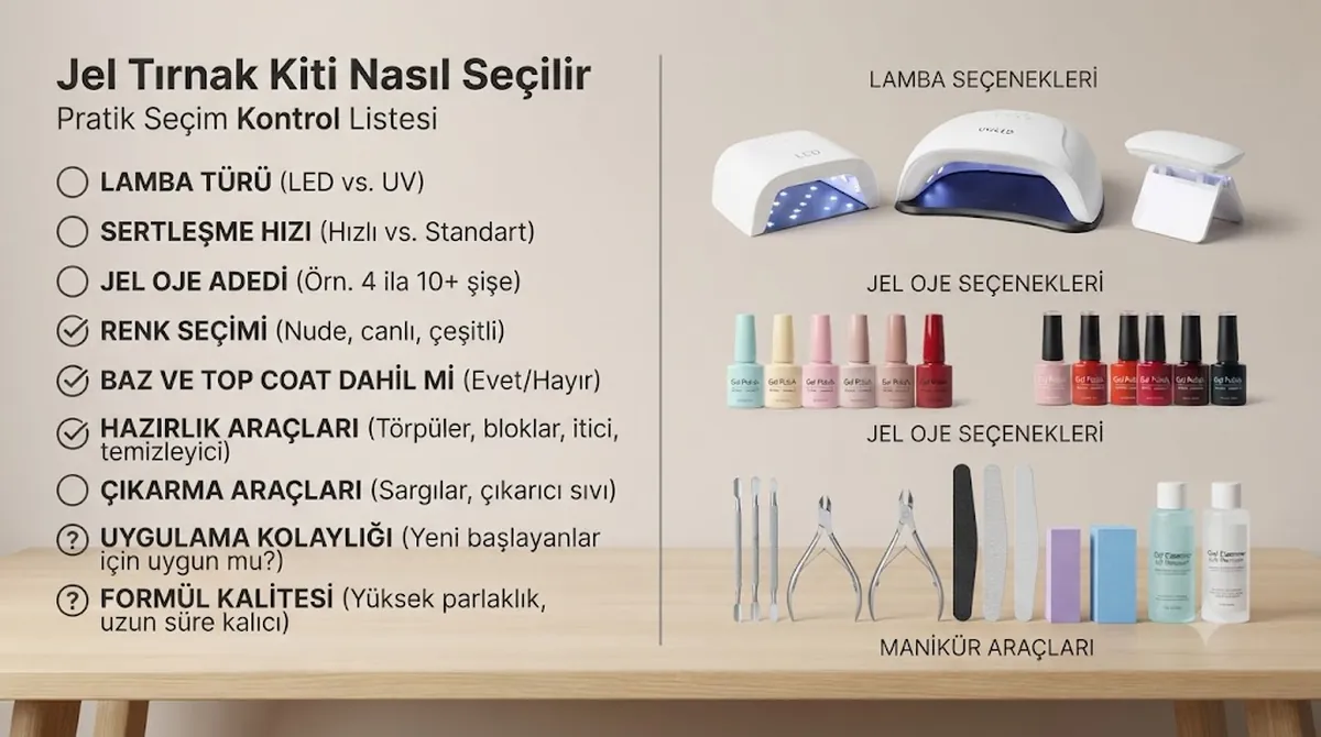 Farklı lamba, oje ve araç seçeneklerinin yanında jel tırnak kiti karşılaştırma kontrol listesi