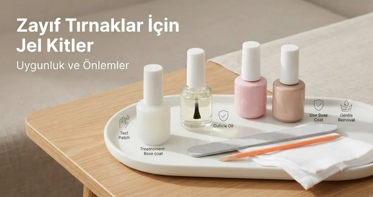 Kütikül yağı, güçlendirici, ince törpü ve jel ojeyle nazik jel tırnak kiti düzeni