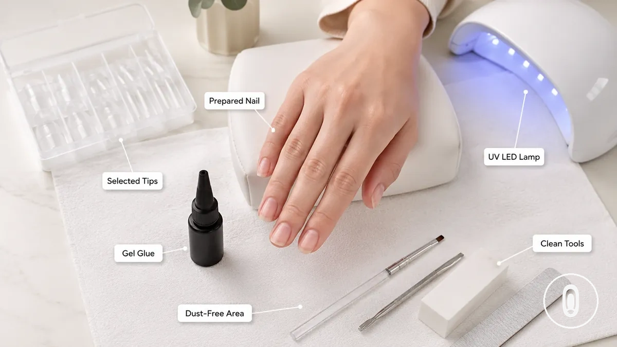 إعداد مكان التطبيق بعد تحضير الظفر مع أطراف الجل والغراء والمصباح والأدوات جاهزة