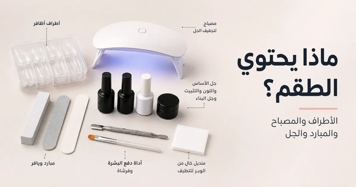 مكونات طقم تطويل الأظافر بالجل في المنزل وتشمل الأطراف والمصباح والمبارد ومنتجات الجل