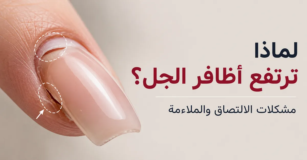 لقطة قريبة لتطويلة ظفر جل مرتفعة تظهر ضعف الالتصاق قرب الجلد المحيط وجانب الظفر