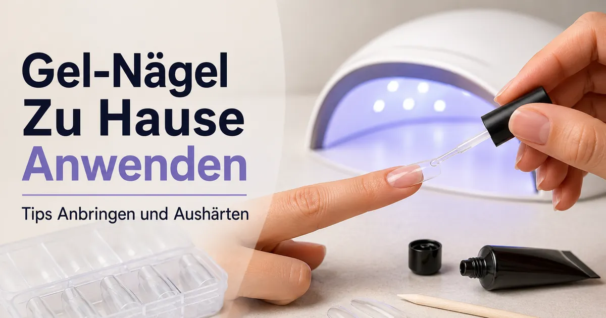 Ein Gel-Nageltip wird mit Klebegel angebracht, bevor er zu Hause unter einer Lampe ausgehärtet wird