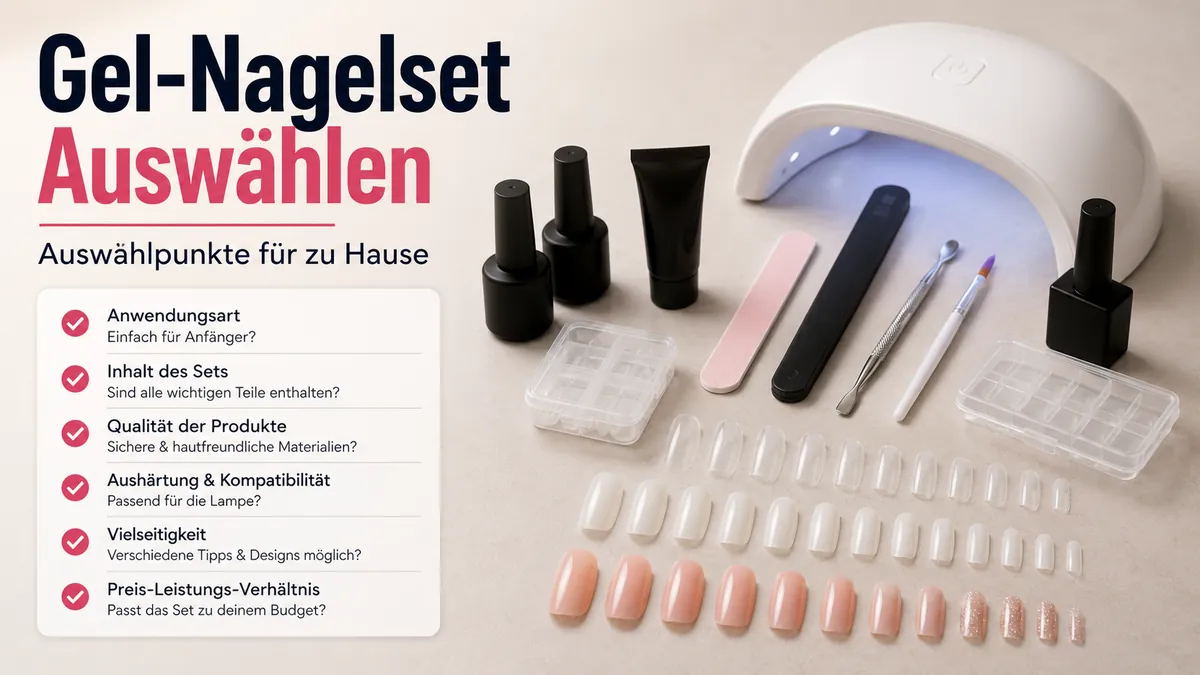 Auswahlliste neben einem Gel-Nagelverlängerungsset für zu Hause und verschiedenen Nageltips