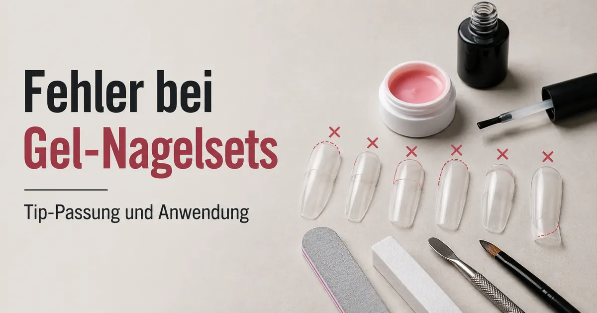 Häufige Fehler mit Gel-Nagelverlängerungssets zu Hause, gezeigt mit schlecht passenden Tips und Anwendungswerkzeugen