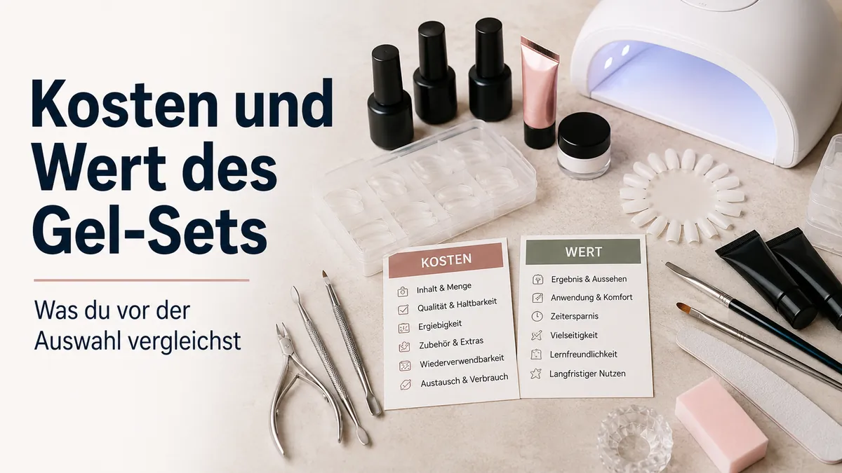 Teile eines Gel-Nagelverlängerungssets für zu Hause mit Notizen zu Kosten und Wert