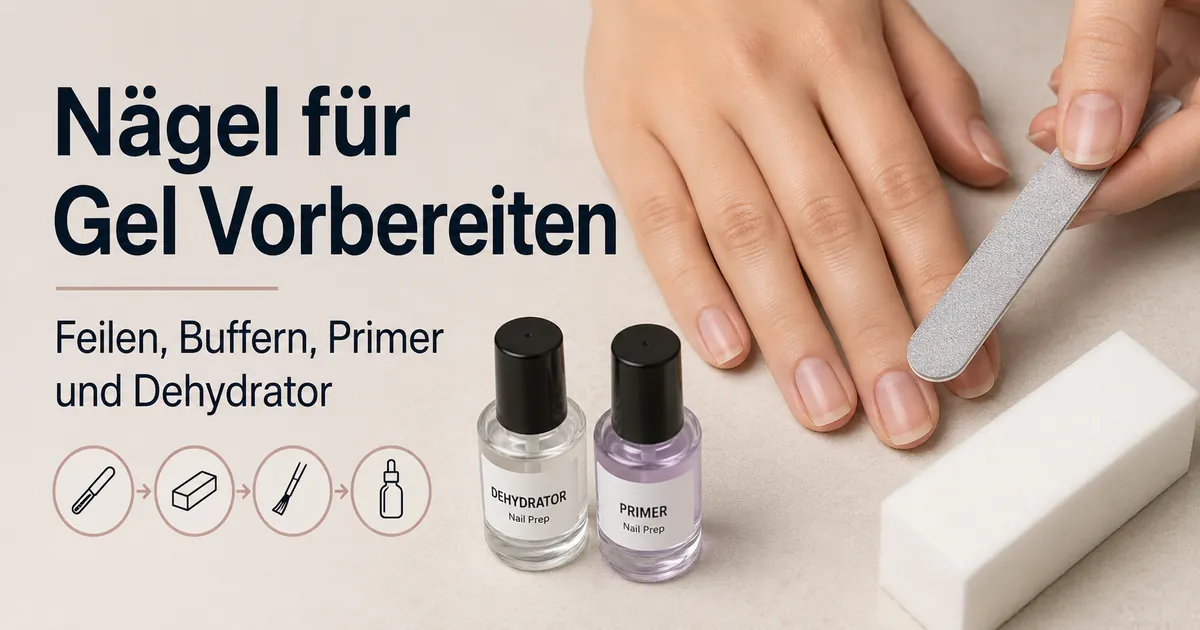 Natürliche Nägel werden mit Feile, Buffer, Primer und Dehydrator für Gel-Verlängerungen zu Hause vorbereitet
