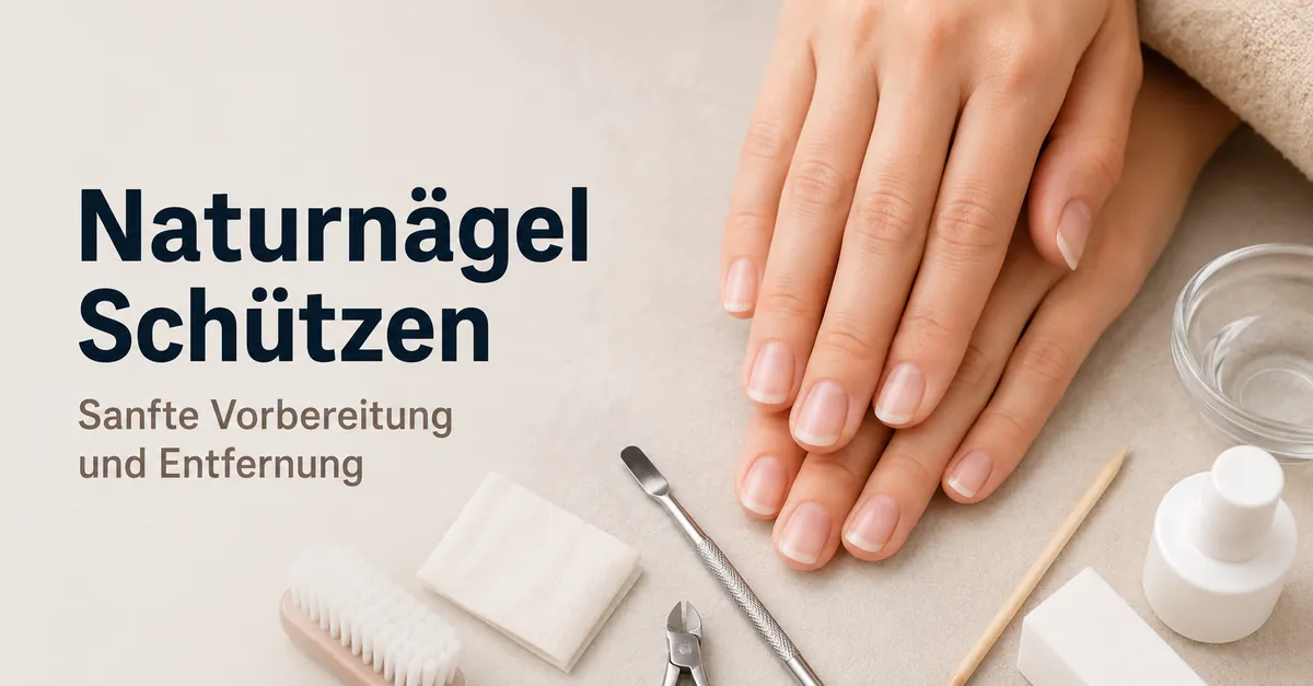Gesunde Naturnägel neben sanften Vorbereitungs- und Entfernerwerkzeugen für Gel-Nagelverlängerungssets zu Hause