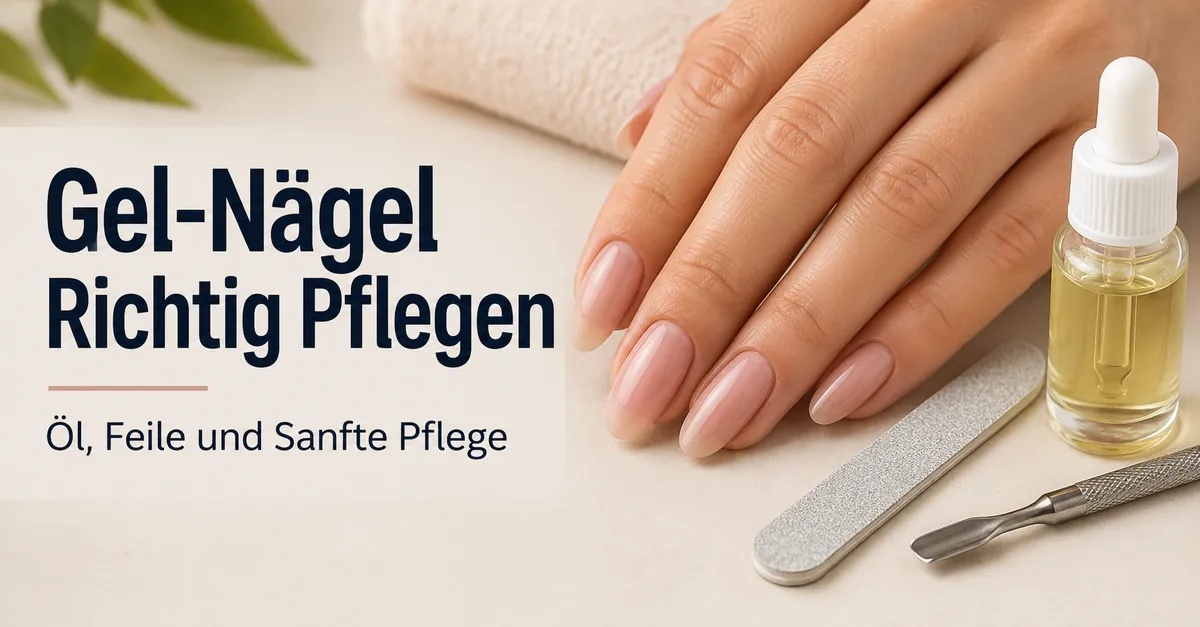 Pflege von Gel-Nagelverlängerungen zu Hause mit Nagelöl, Feile und sanften Pflegewerkzeugen