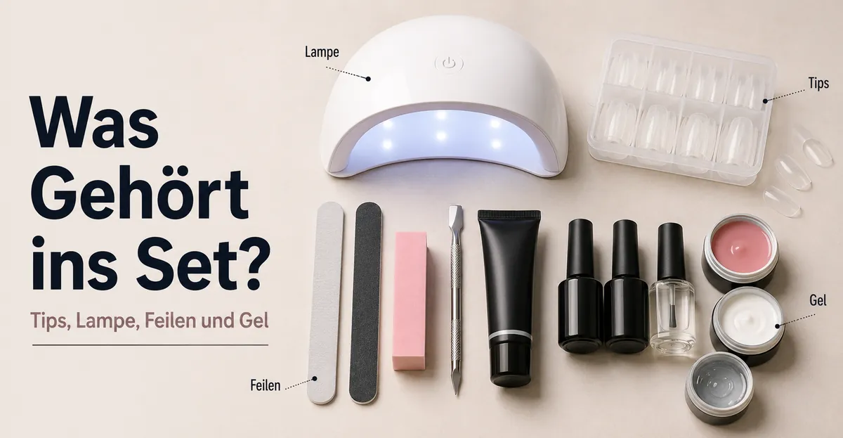 Teile eines Gel-Nagelverlängerungssets für zu Hause mit Tips, Lampe, Feilen und Gelprodukten