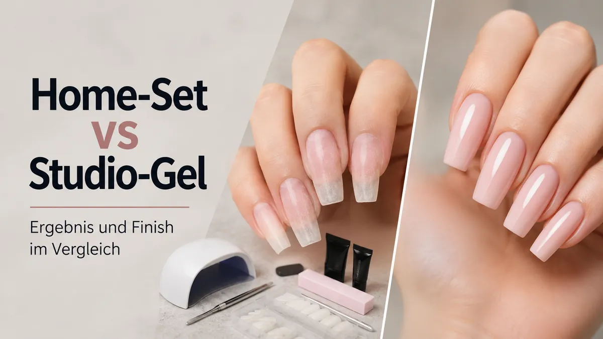 Vergleich zwischen dem Ergebnis eines Gel-Nagelverlängerungssets für zu Hause und einem Finish aus dem Nagelstudio