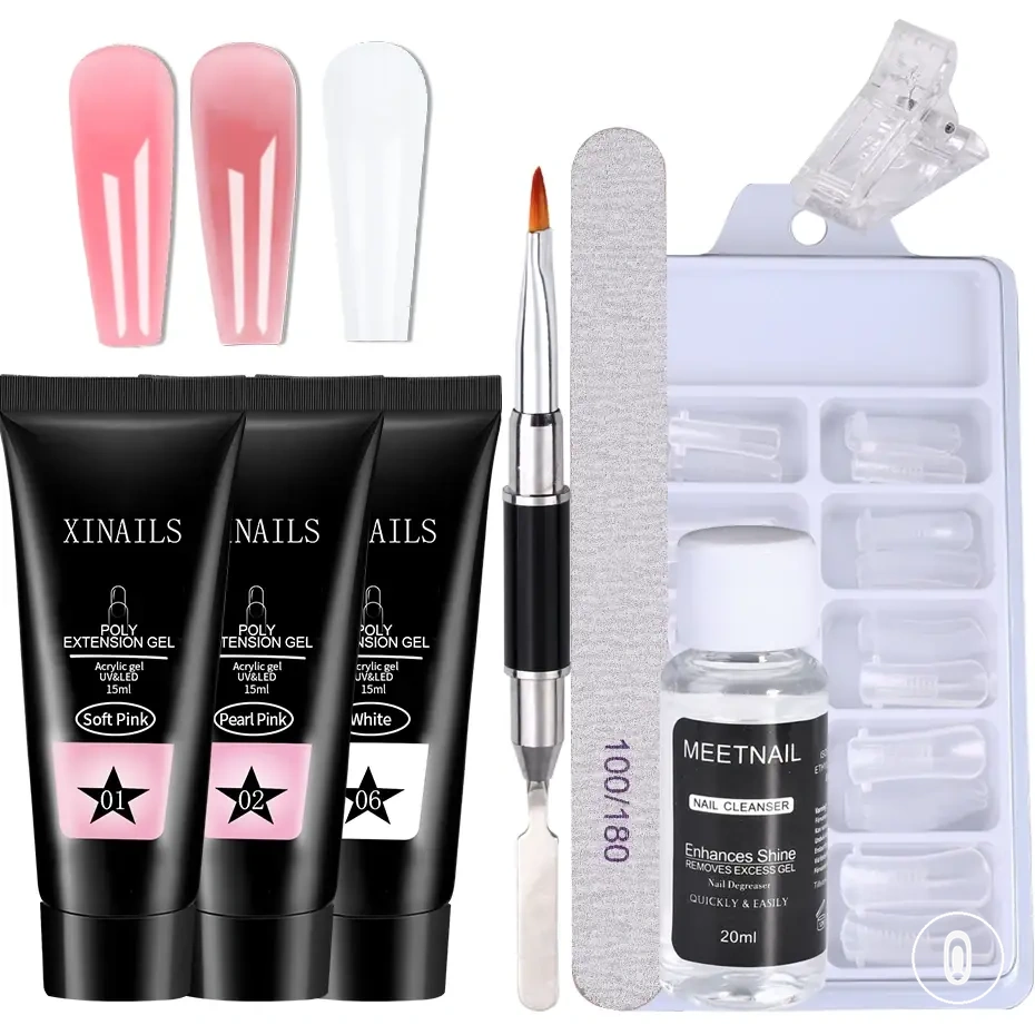 Einsteiger-Verlängerungsgel-Kit mit Nude-Gel, Clip, Pinsel und Nagelformen
