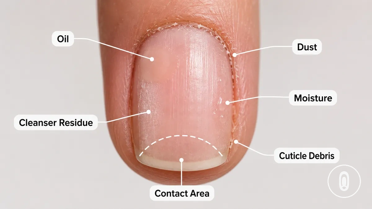 Nahaufnahme von Rückständen auf dem Naturnagel, die den Kontakt des Gel-Klebers schwächen können