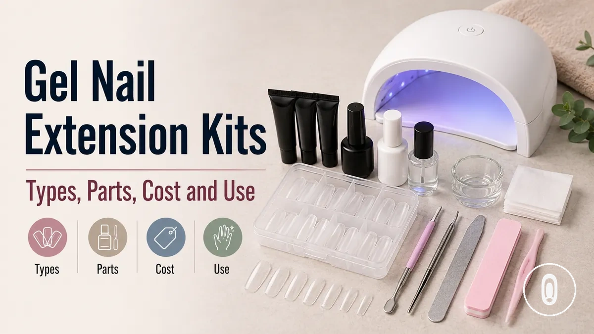 At-home gel nail extension kit with tips, tools, lamp and application supplies arranged together