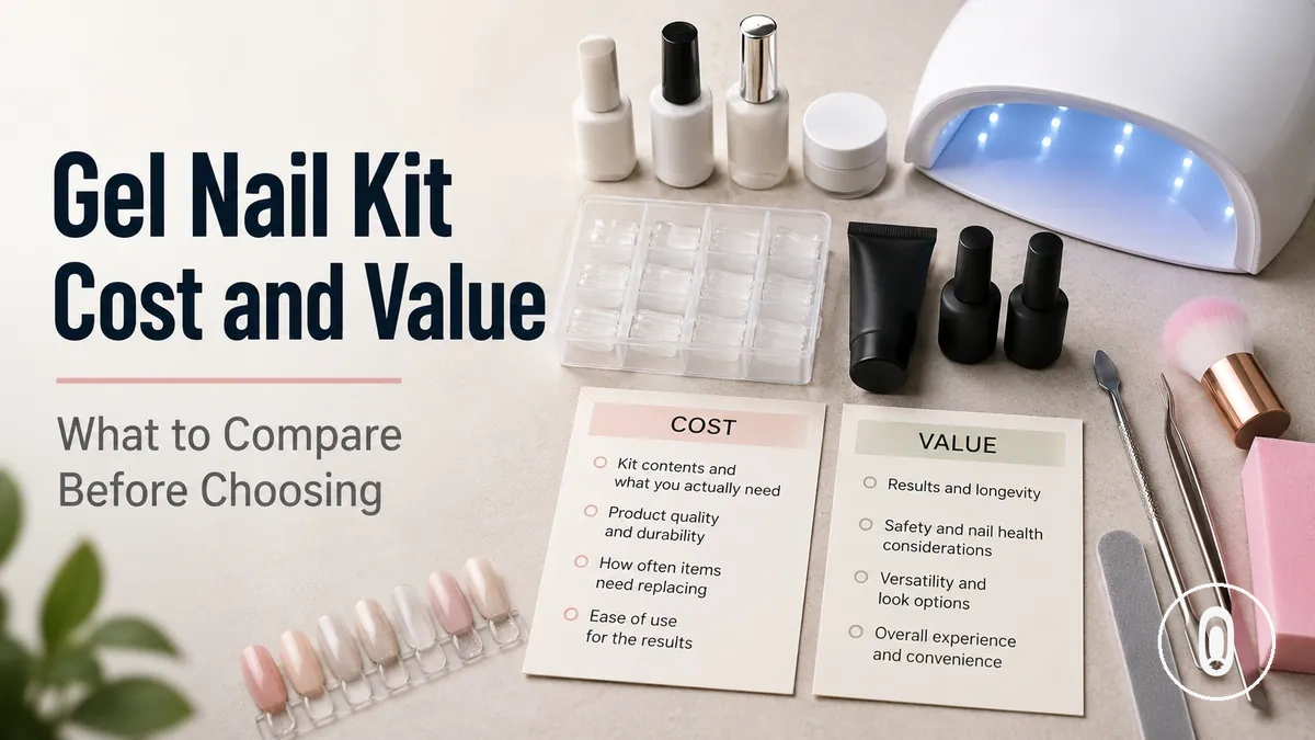 At-home gel nail extension kit components arranged with price and value comparison notes