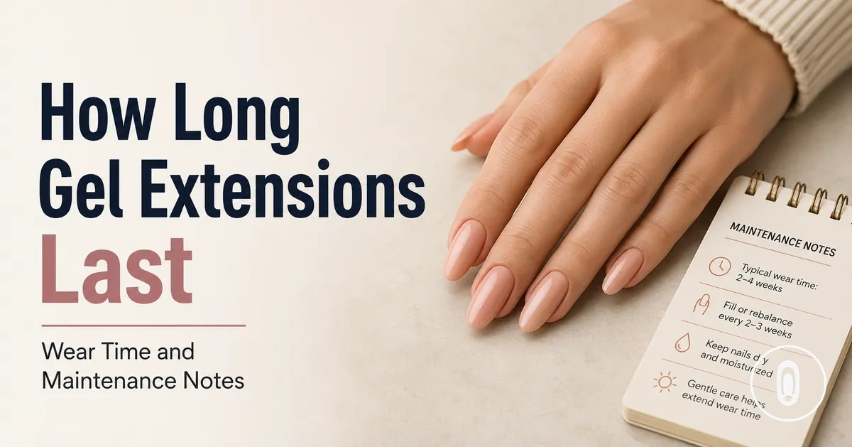 Finished at-home gel nail extensions with notes about wear time and maintenance