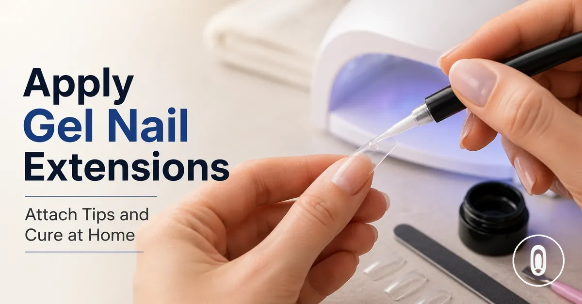Applying a gel nail tip with glue gel before curing under a lamp at home