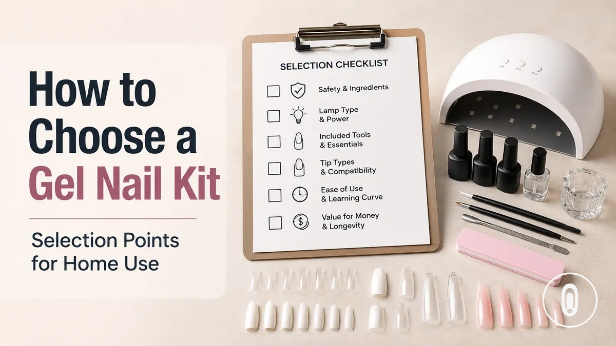 Selection checklist beside an at-home gel nail extension kit and nail tip options