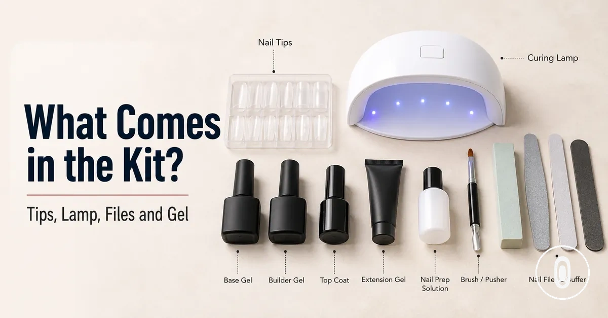Components of an at-home gel nail extension kit including tips, lamp, files and gel products