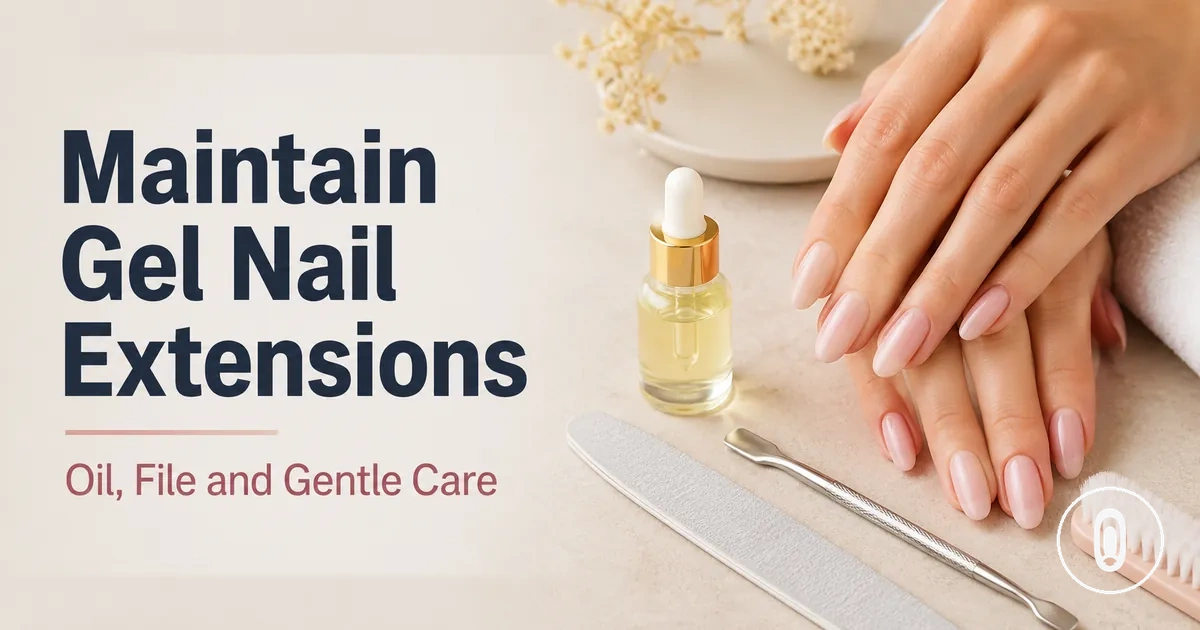 Maintaining at-home gel nail extensions with cuticle oil, file and gentle nail care tools