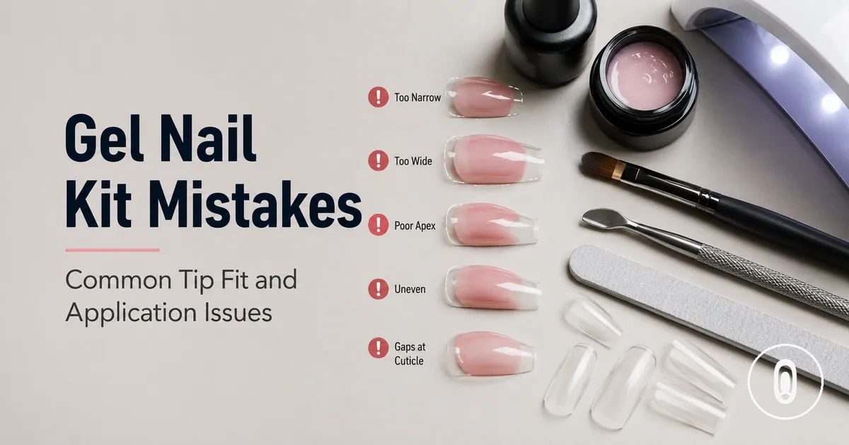 Common at-home gel nail extension kit mistakes shown with mismatched tips and application tools