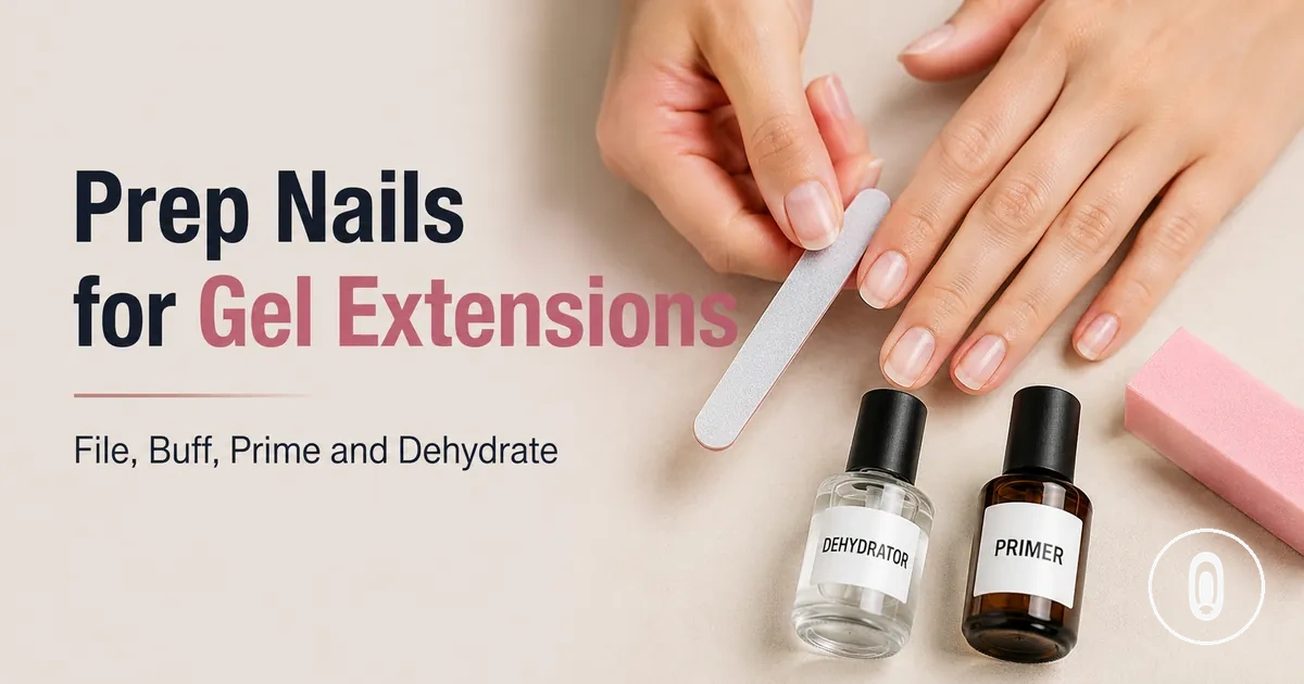 Natural nails being prepared with file, buffer, primer and dehydrator before at-home gel extensions