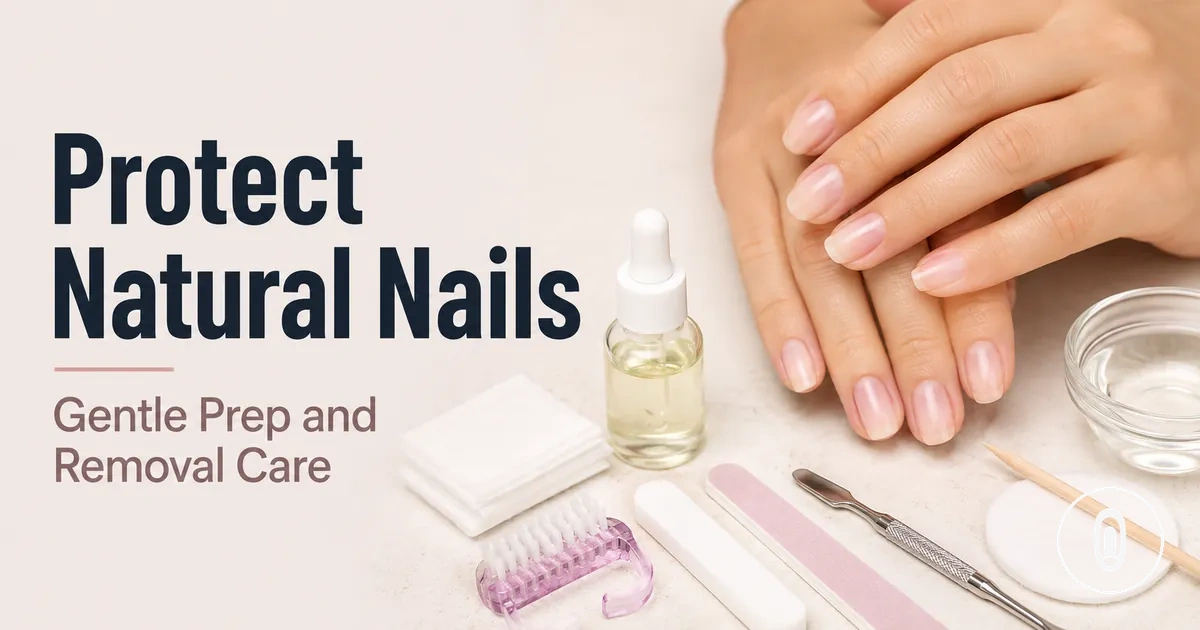Healthy natural nails beside gentle prep and removal tools for at-home gel nail extension kits