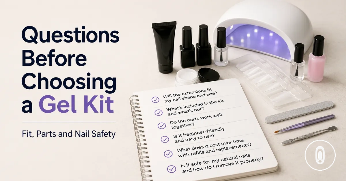 At-home gel nail extension kit with checklist of questions about fit, parts, cost and nail safety