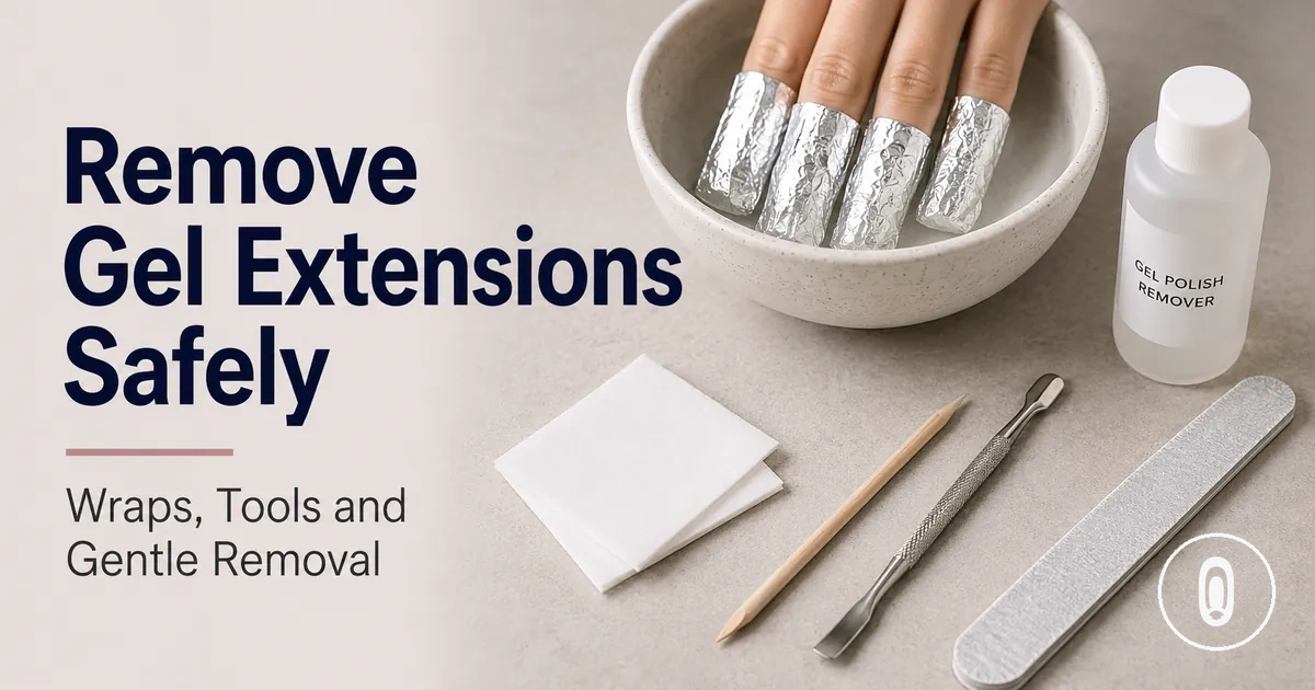 Safe removal setup for at-home gel nail extensions using wraps, remover tools and a nail file