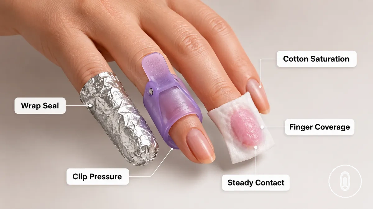 Remover wraps, soak-off clips, and cotton pads used for gel soak-off