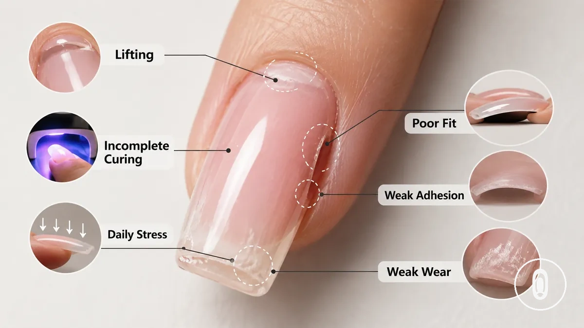 Lifted gel extension showing weak adhesion and visible separation
