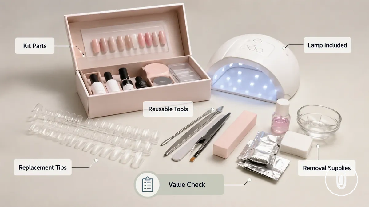 At-home gel nail extension kit components arranged with notes about reusable tools and value factors