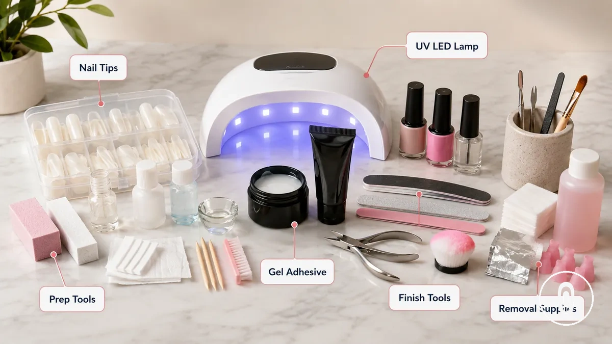 Complete gel nail extension kit parts including nail tips, lamp, gel adhesive, prep tools, and removal supplies