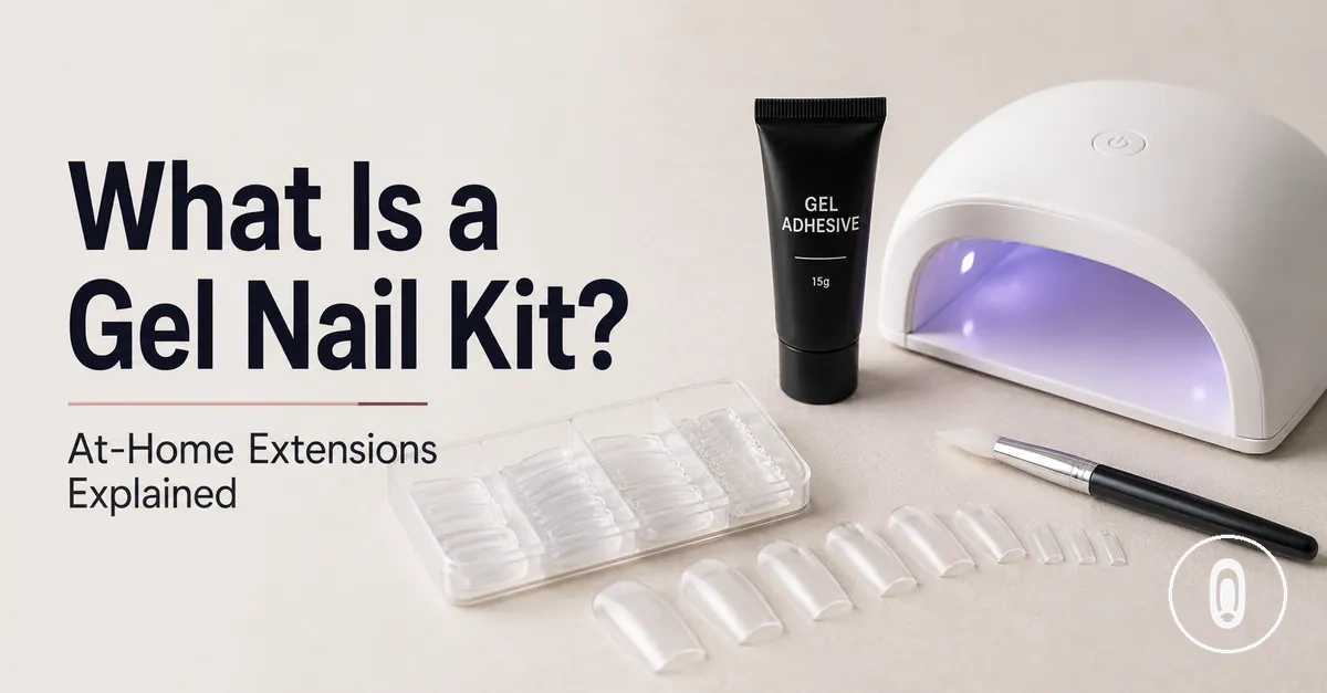 Basic at-home gel nail extension kit showing nail tips, gel adhesive and curing lamp
