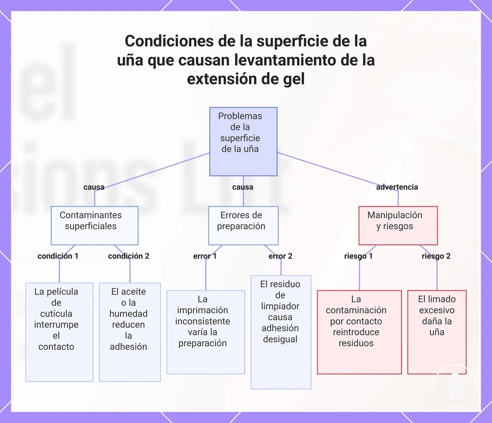 Condiciones de la superficie de la uña que causan levantamiento de la extensión de gel