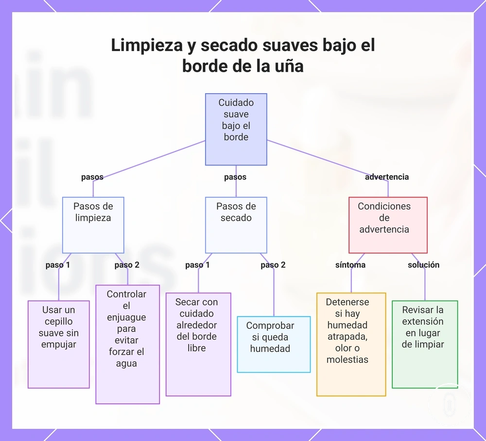 Limpieza y secado suaves bajo el borde de la uña