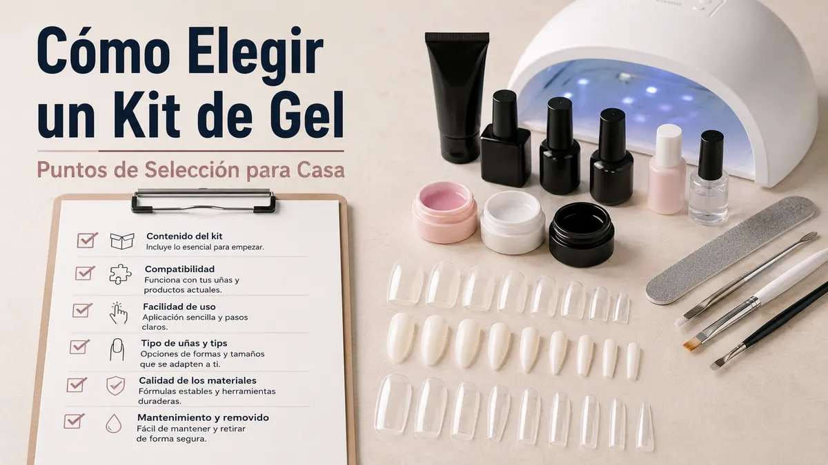 Lista de selección junto a un kit de extensiones de uñas de gel en casa y opciones de puntas