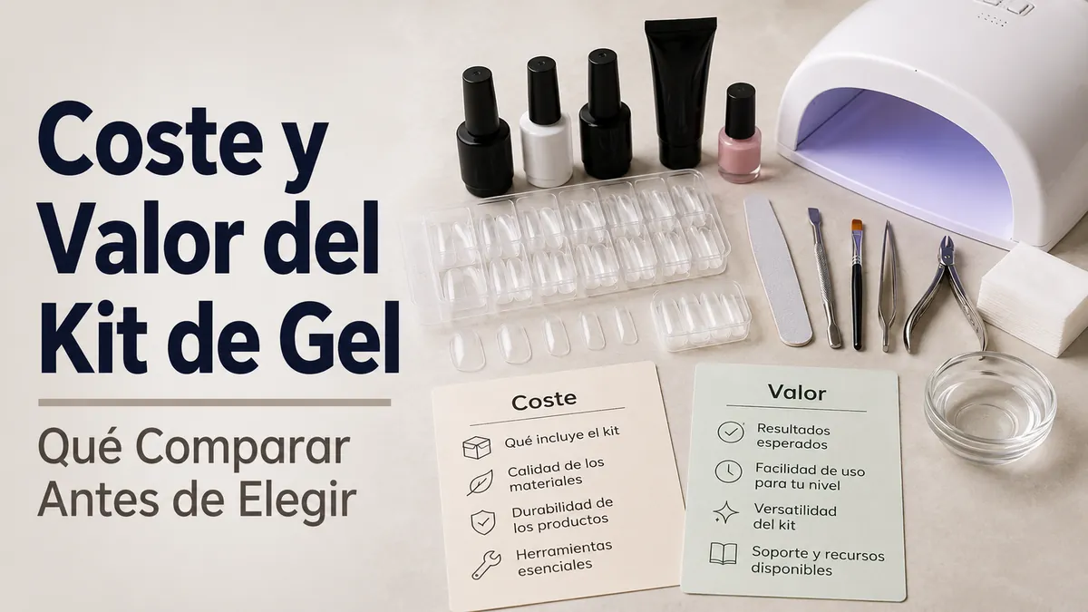 Piezas de un kit de extensiones de uñas de gel en casa colocadas con notas de coste y valor