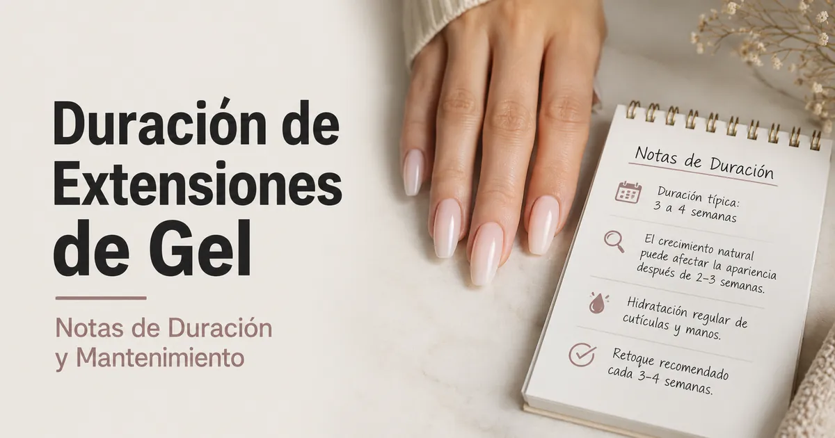 Extensiones de uñas de gel terminadas con notas sobre duración y mantenimiento