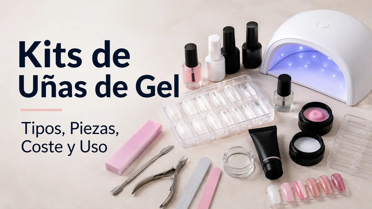 Kit de extensiones de uñas de gel en casa con puntas, herramientas, lámpara y productos de aplicación colocados juntos